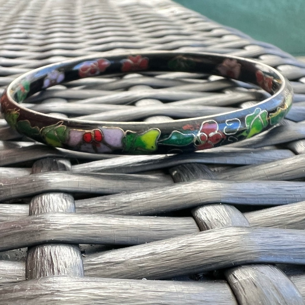 Black with green, red, and purple flowers cloisonné bangle bracelet.